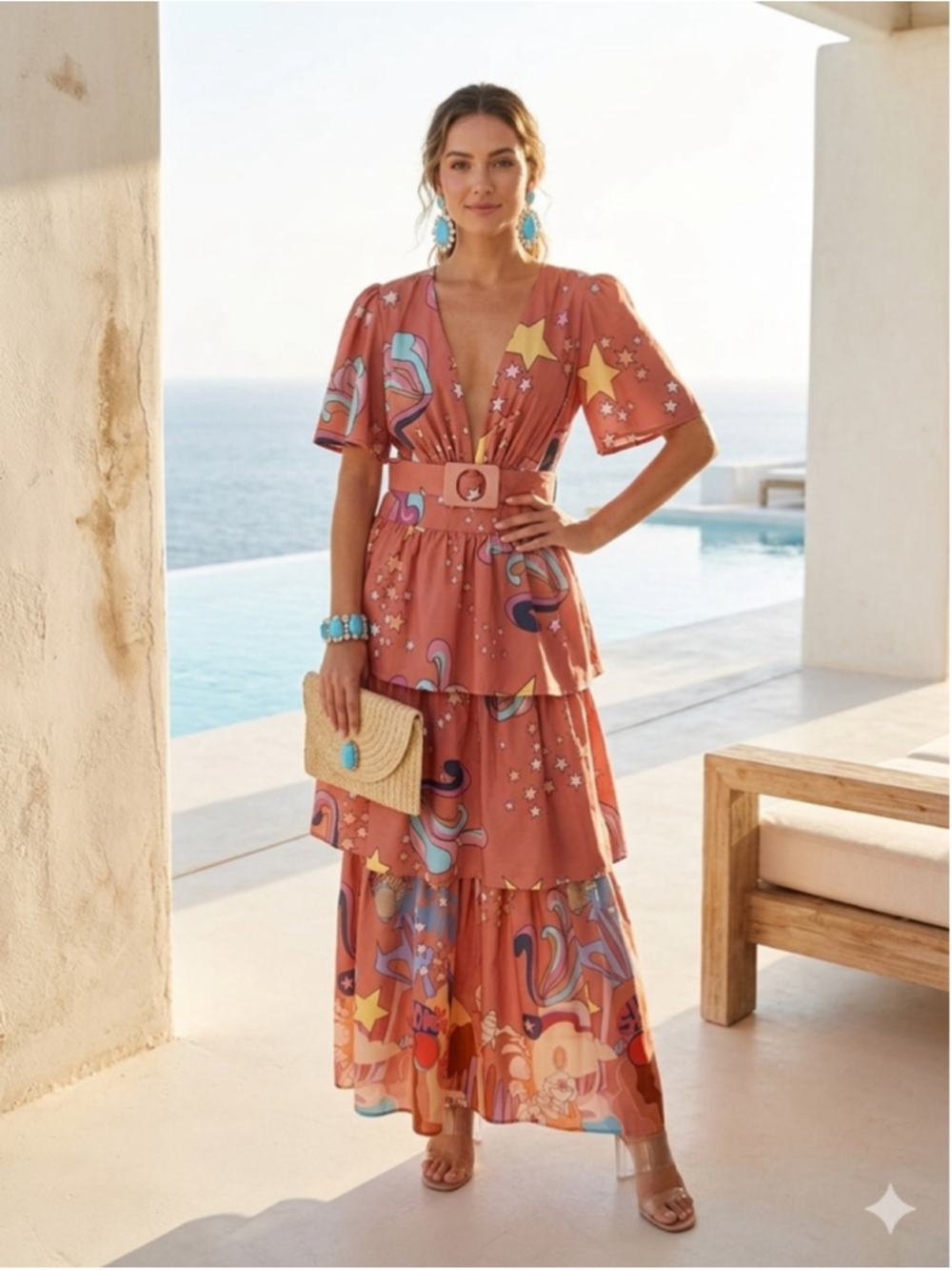 STYLEBYGG Retro Psychedelic Maxi Dress Cutout Tiered Boho Festival Pink Multi Sz